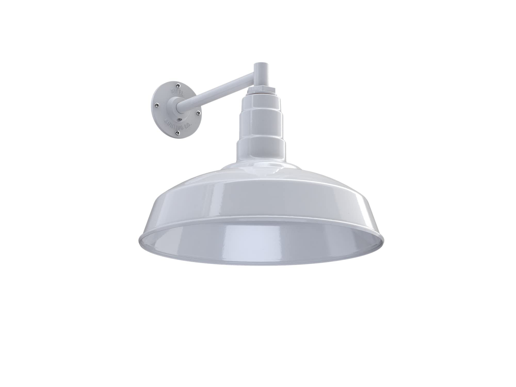 Steel Lighting Co. Gardena Barn Light - Outdoor Wall Mounted, 16in Dome, 11in Straight Arm, White, Dusk to Dawn, Made in America