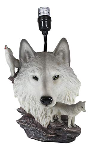 Ebros Gift Wildlife Rustic Full Moon Gray Wolf Akela Head Bust With Howling Wolves On Rocks Sculptural Desktop Side Table Lamp With Shade Home Furnishing 19"Tall Wolves Timber Wolf Family Decor Statue