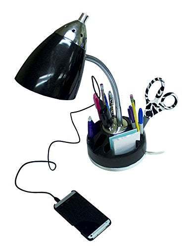 Simple Designs Ld1015-Blk Flossy Organizer Desk Lamp With Charging Outlet And Lazy Susan Base, Black