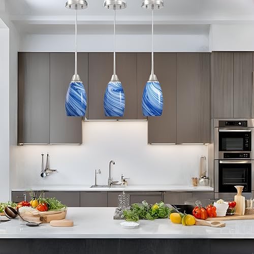 Viinew 3-Pack Glass Pendant Light, Handblown Dark Blue Marble Shade, Mini Hanging Light for Kitchen Island, Dining Room, Foyer, Hallway