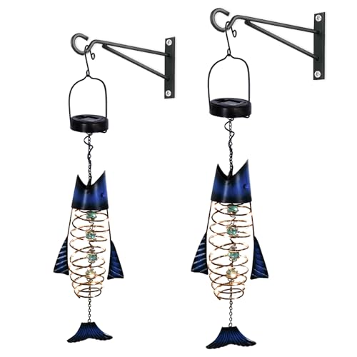 Hongland 2-Pack Solar Lanterns - Waterproof Metal Fish Decor With Warm Led Lights For Garden