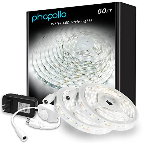 Phopollo White Led Strip Lights, 50Ft Dimmable 6500K Daylight White Led Light Strip, 900 Leds Flexible Led Lights For Bedroom, M