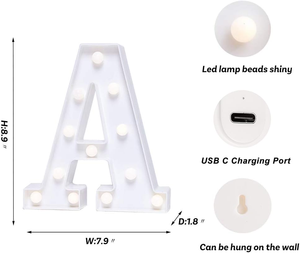 Foaky Rechargeable LED Letter Lights Sign Marquee Light for Home Bar Decoration, Size A, Warm-Rechargeable, Plastic Material