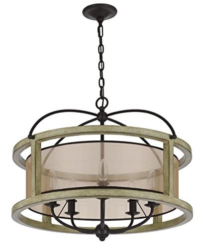 Cal Lighting FX-3781-5 Palencia Rubber Wood Round Chandelier, Distressed Oak, Organza Shade