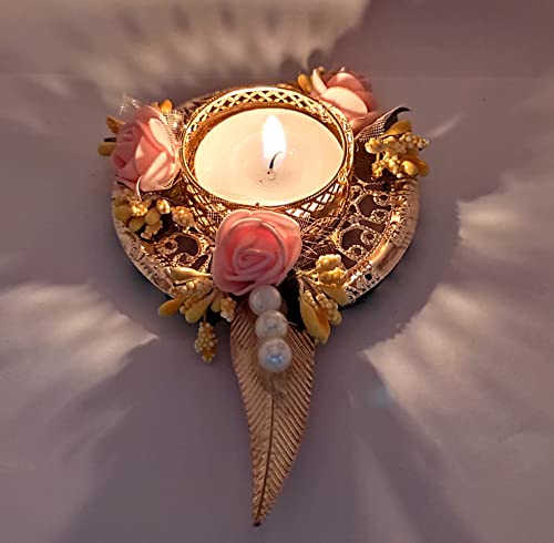 Vibhushita Pack of 2 Metal and Plastic Designer Leaf Shape Handmade Diwali Oil Wax Lamp with 2 T-Light Candle