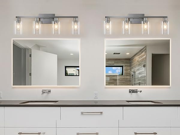 Sopeas 4 Light Bathroom Light Fixtures  Brushed Nickel Modern Bathroom Vanity Light With Clear Glass Shade  Bathroom Lighting Fixtures Over Mirror  Vanity Lights For Bathroom Mirror