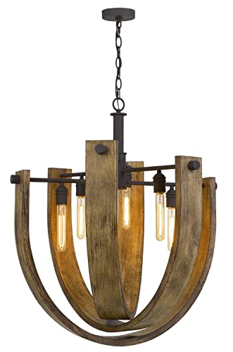 Cal Lighting FX-3729-6 Transitional Chandelier, 6 Lights, 31.5in, Bronze/Dark Finish, Metal, Light Oak/Iron