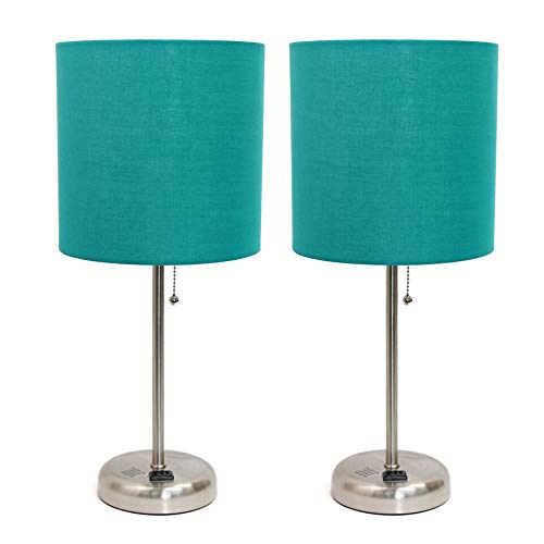 Limelights LC2001-TEL-2PK Brushed Steel Stick Table Lamp with Charging Outlet & Fabric Shade44; Teal - Set of 2