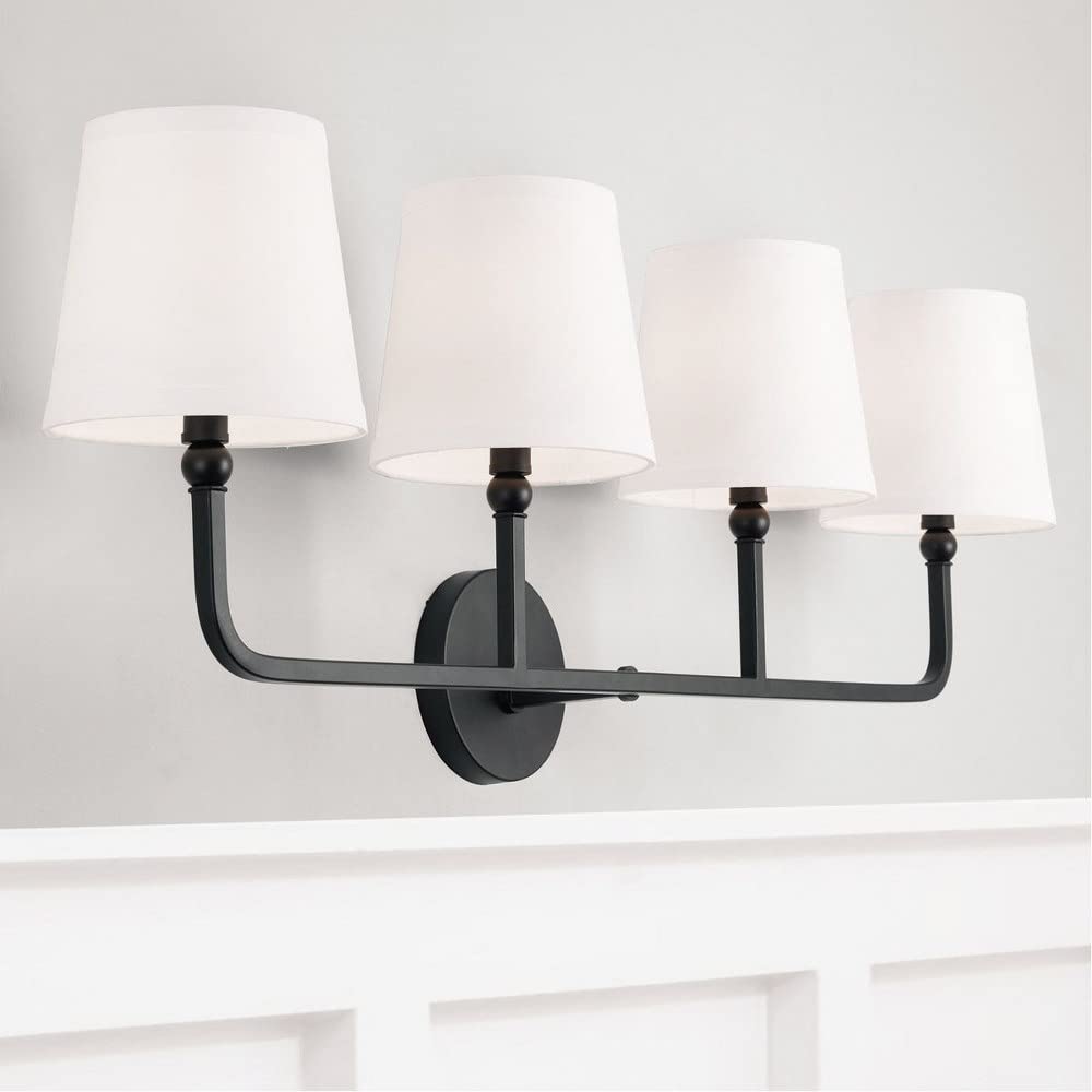 Capital Lighting Dawson Bath Vanity Wall Mount, 4-Light, Matte Black, 12inH x 35inW, Model 119341MB-674, Rustic White Fabric