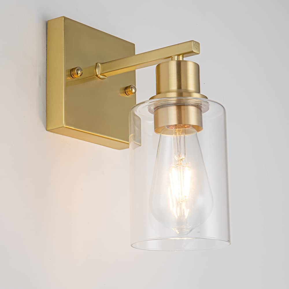 Emong Gold Bathroom Light Fixtures,1-Lights Brushed Brass Vanity Light With Clear Glass Shade, Wall Sconces For Hallway, Farmhou