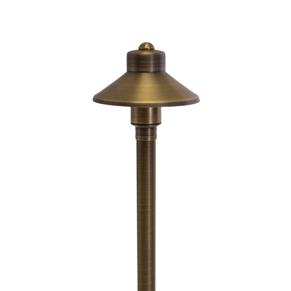 VOLT Flat Hat 12V Brass Path Light (5 Shade, 25 Tall) with 3W 2700K Warm White G4 LED Bulb for Low Voltage Landscape Lighting on