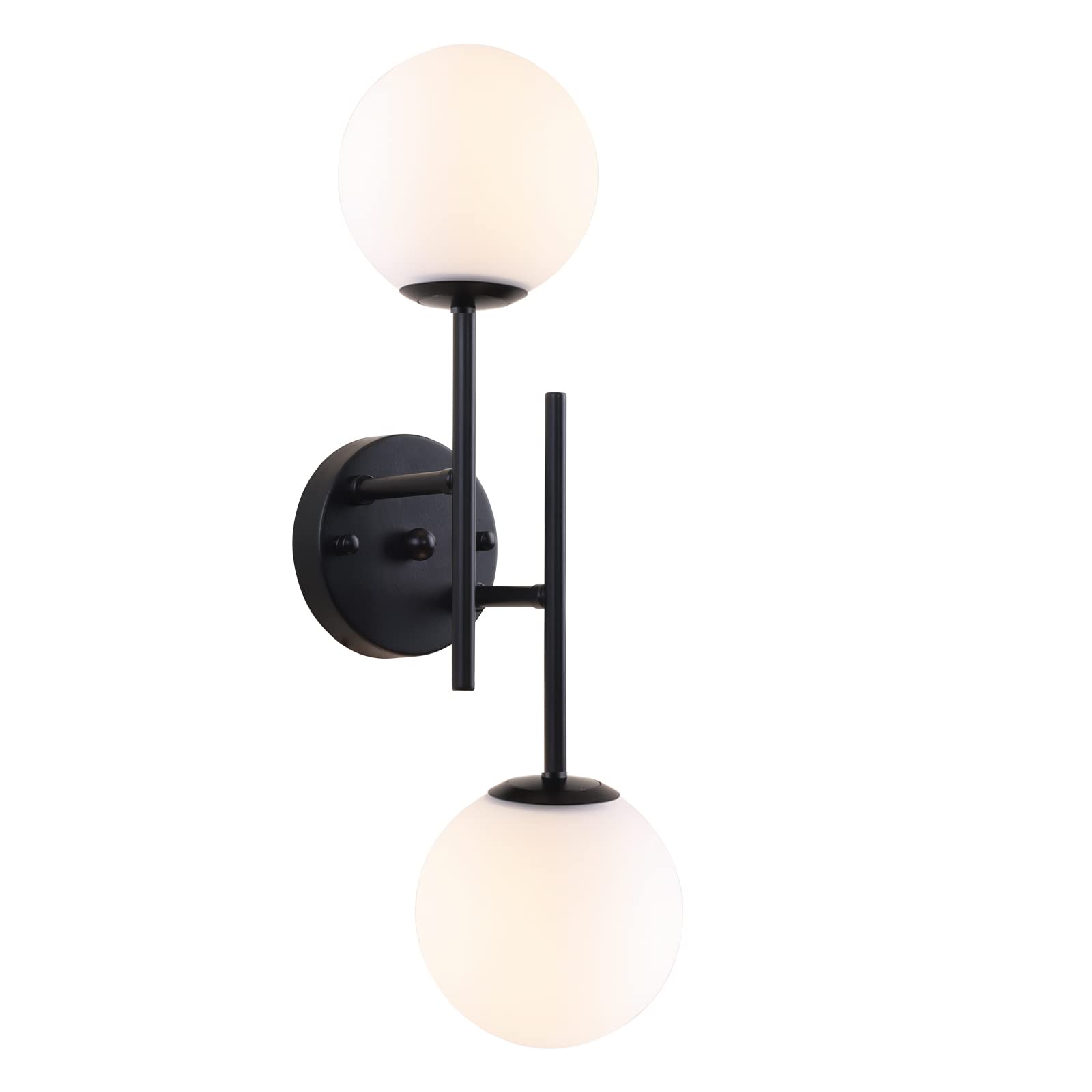 BYOLIIMA Black Globe Wall Sconces, 2-Light Modern Matte Black Vanity Lights with White Globe Glass Shade, Industrial Farmhouse W
