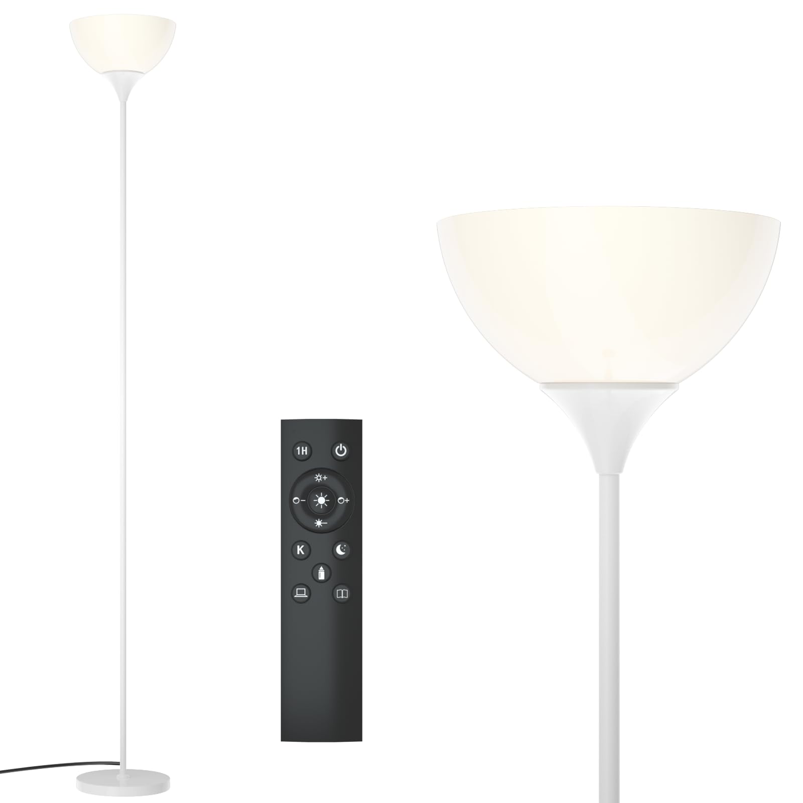 PESRAE Floor Lamp with Remote Control, Stepless Color Temperatures, Matte White, Model MF3601, Bulb Included