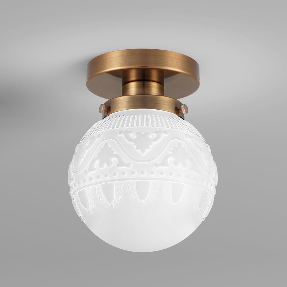 Daunton Semi Flush Mount Ceiling Light, Modern Globe Milk Glass Ceiling Light Fixture, Vintage Small Brass Gold Hallway Light Fi