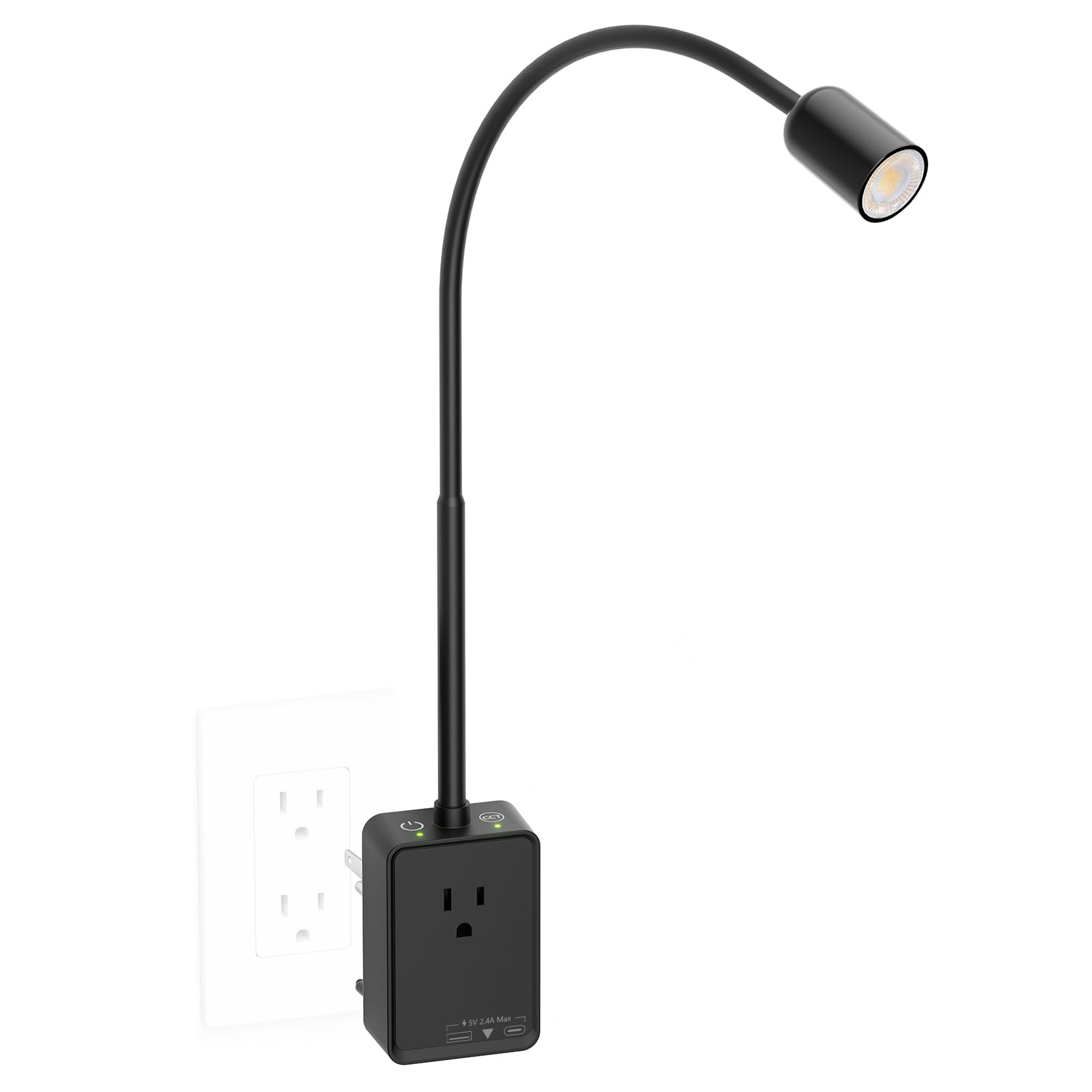 PRINCEWAY Plug in LED Wall Mounted Reading Light, Black Flexible Wall Sconce Spot Light with Power Plug Extension Outlet for Bed