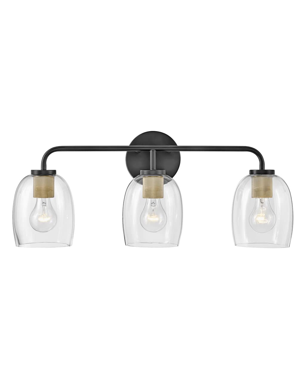 Lark Percy 85013BK Three-Light Bath Vanity Fixture, Transitional Style, Bell-Shaped Clear Glass Shade, Mount Up or Down, Black