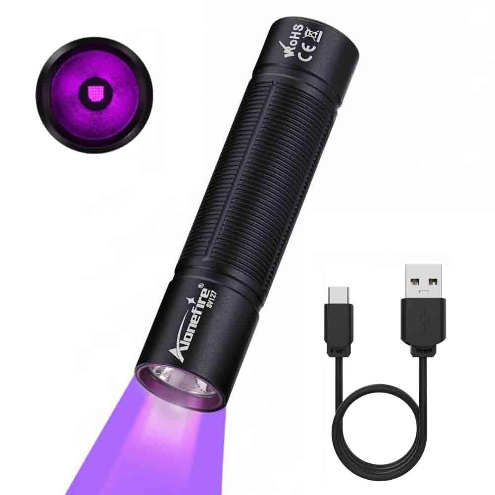 ALONEFIRE SV127 Mini 395nm UV Flashlight USB C Rechargeable Blacklight Woods Lamp Money Detector Black Light for Pet Urine Detetector  Minerals  Rocks  AC Leaks with Built-in Battery