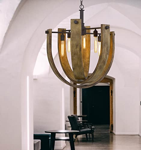 Cal Lighting FX-3729-6 Transitional Chandelier, 6 Lights, 31.5in, Bronze/Dark Finish, Metal, Light Oak/Iron