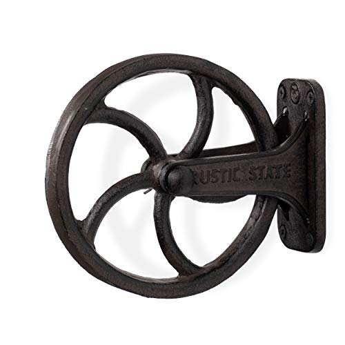 Rustic State Wall Mount Pulley, Cast Iron, 6.75 Inch Diameter, Vintage Industrial Style, Rustic Brown, Model HUMAY042