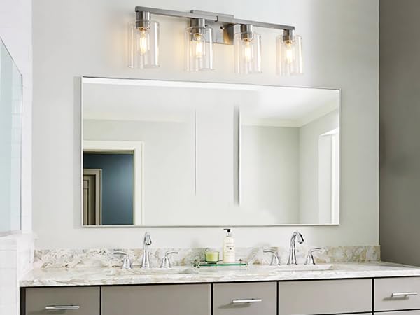 Sopeas 4 Light Bathroom Light Fixtures  Brushed Nickel Modern Bathroom Vanity Light With Clear Glass Shade  Bathroom Lighting Fixtures Over Mirror  Vanity Lights For Bathroom Mirror