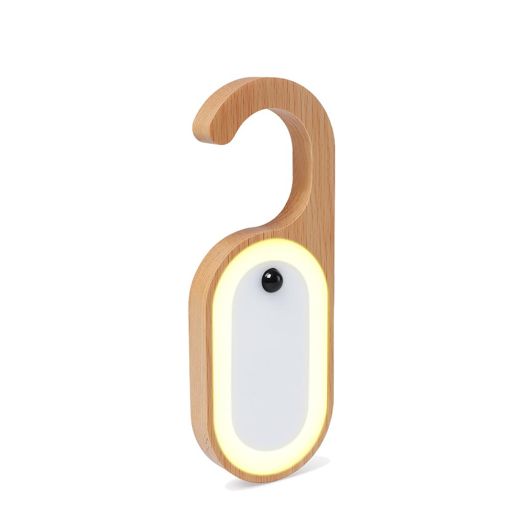 LANDGOO 1-Pack Retro Wooden Door Knob Night Light with Motion Sensor & Message Board, Rechargeable Wall Mount Lamp with Hook, Ho