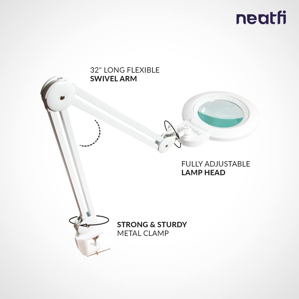 Neatfi XL Bifocal LED Magnifying Lamp, 7-Inch Lens, 5D/20D Magnification, Dimmable, Adjustable Arm, White, With Clamp, Model