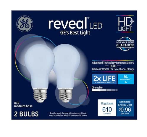 Ge Lighting Ge Reveal Led Light Bulbs, 2X Life, 8 Watt (60 Equivalent) Hd+ Light, Standard Bulb Shape, Medium Base, Dimmable (2 