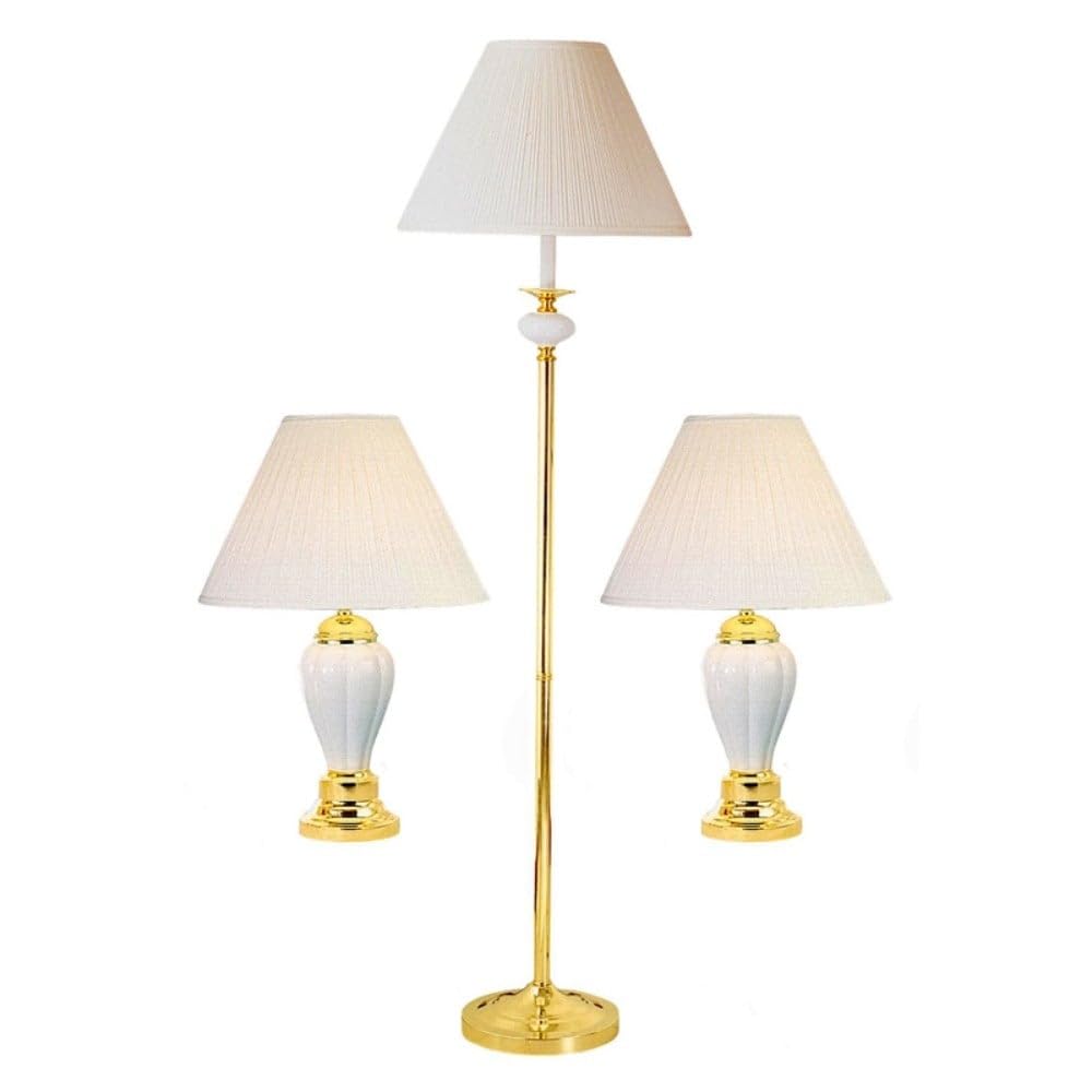 Set Of Three 64 Gold Ceramic Bedside Floor and Table Lamp Set With Black Empire Shade