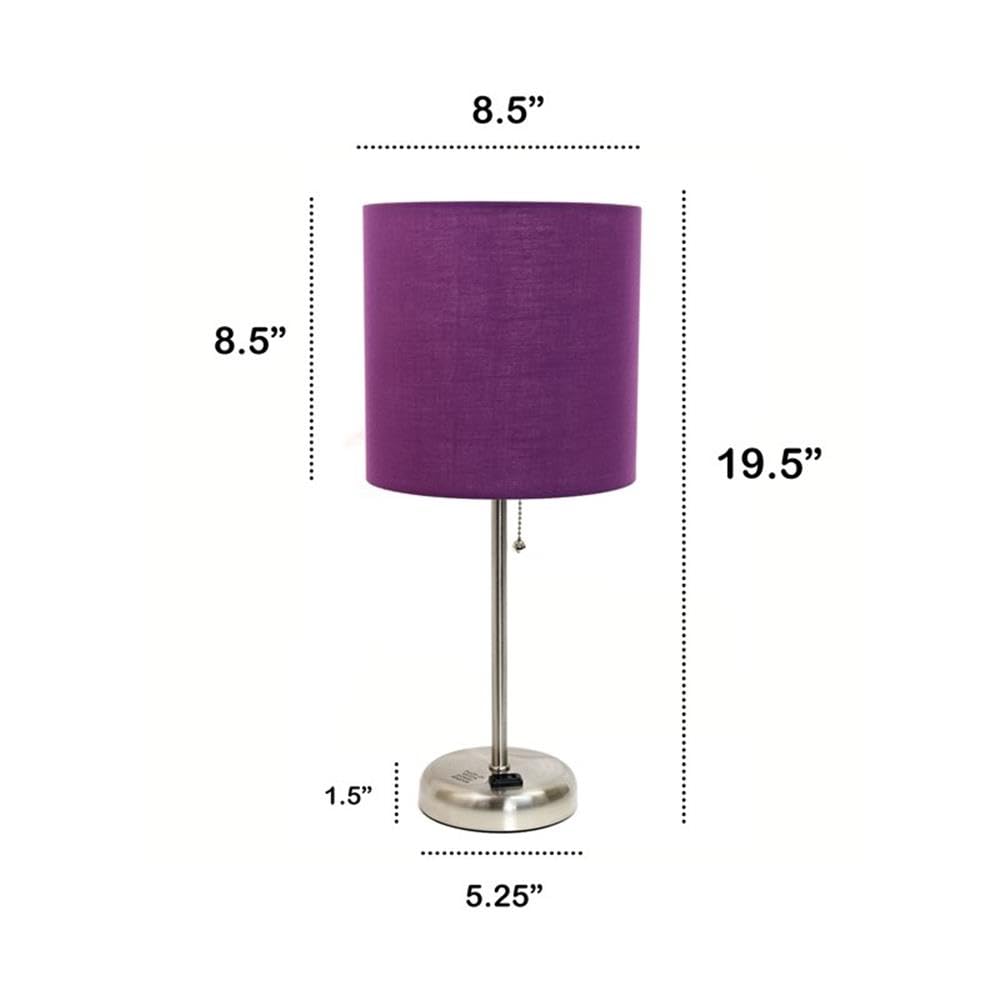 Creekwood Home Oslo 19.5&quot; Metal Table Lamp With Purple Shade & Power Outlet, Brushed Steel