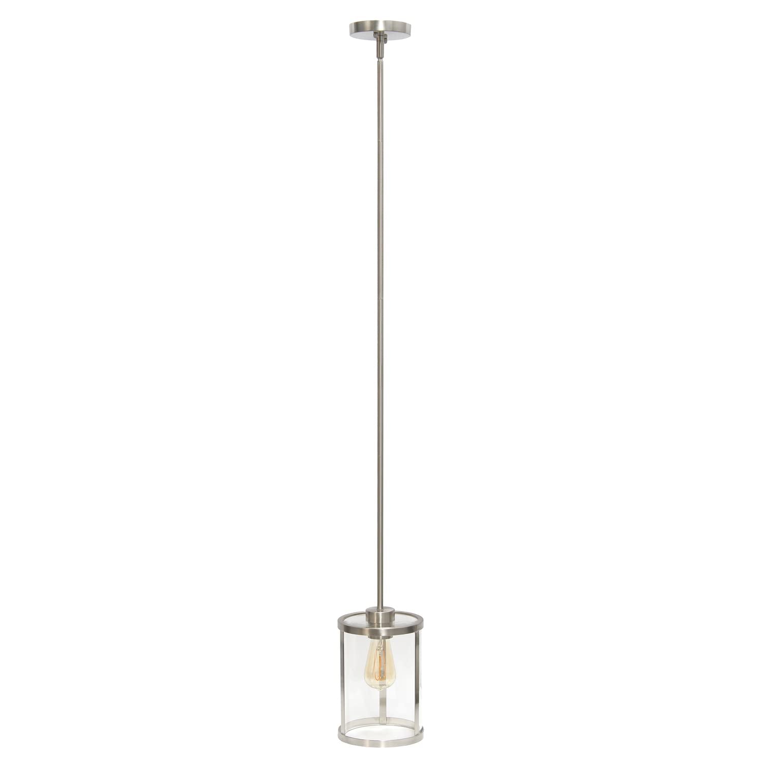 Elegant Designs Pendant Light, 1-Lt Metal & Clear Glass, Brushed Nickel, 9.25in Adjustable, Model PT1010-BSN