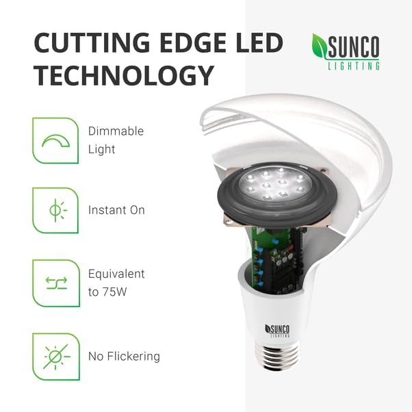 Sunco Lighting BR20 LED Bulbs, 2700K Soft White, Dimmable, 7W Equivalent, 4 Pack, E26 Medium Base, Indoor Flood Light
