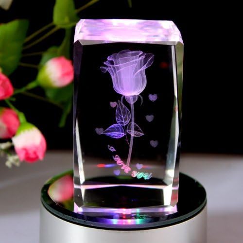 Gracesdawn K9 Crystal Material 3D Laser Etched Crystal Rotating Rose -4 Led Colorful Lights Can Be Rotated