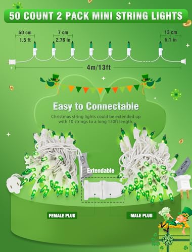 Hopolon St. PatrickS Day String Lights 2 Pack 13Ft 50Count Green Mini Lights White Wire Incandescent Christmas Tree Lights Connectable For Indoor Outdoor Holiday Patio Party Home Decorations