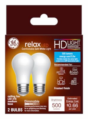 Ge Relax Led Ceiling Fan Light Bulbs, 5.5 Watts (60 Watt Equivalent) Soft White Hd Light, Frosted Finish, Medium Base, Dimmable