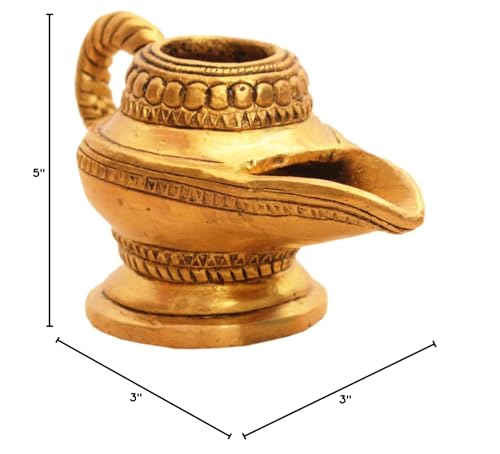 Purpledip Brass Lamp Anajli Holder: Magic Lamp Or Aladin'S Chirag Shape Charan Amrit Vessel For Home Temple (10913)