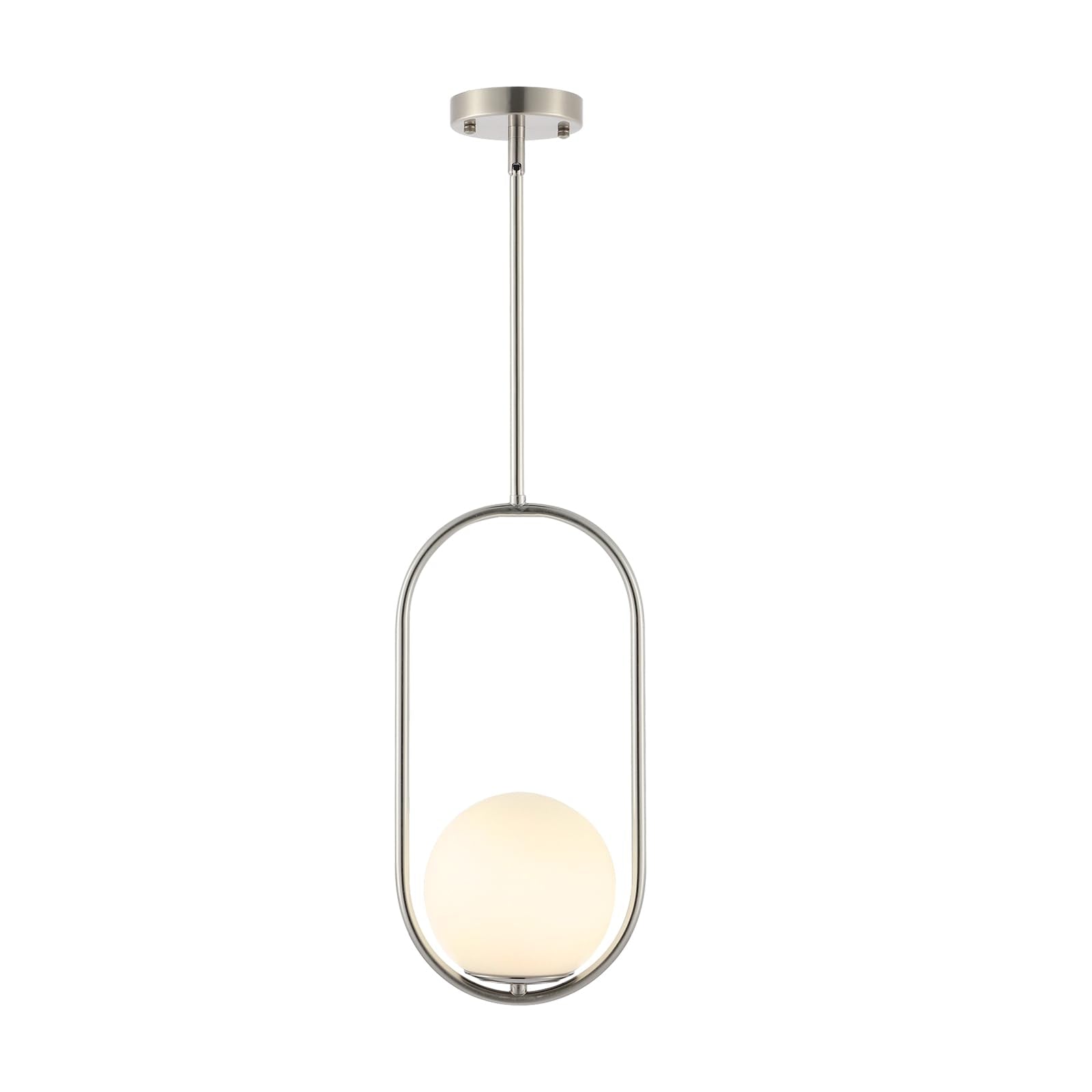 Byoliima Modern Globe Pendant Light Brushed Nickel Chandelier 1-Light Mid Century Ceiling Hanging Lighting Fixture White Globe Glass Shades For Kitchen Island Dining Room Bedroom