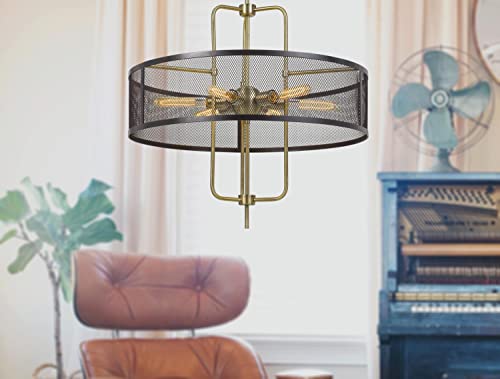 Cal 60W x 6 Leiden Metal Chandelier, Antique Brass/Black, 28 x 28 x 31.5 inches, Model FX-3727-6, Mesh Shade, Edison