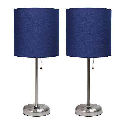 Limelights LC2001-NAV-2PK Brushed Steel Stick Table Lamp with Charging Outlet & Fabric Shade44; Navy - Set of 2