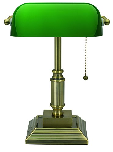V-Light Banker's Desk Lamp, Green Glass Shade, Antique Brass Finish, Model VS688029AB