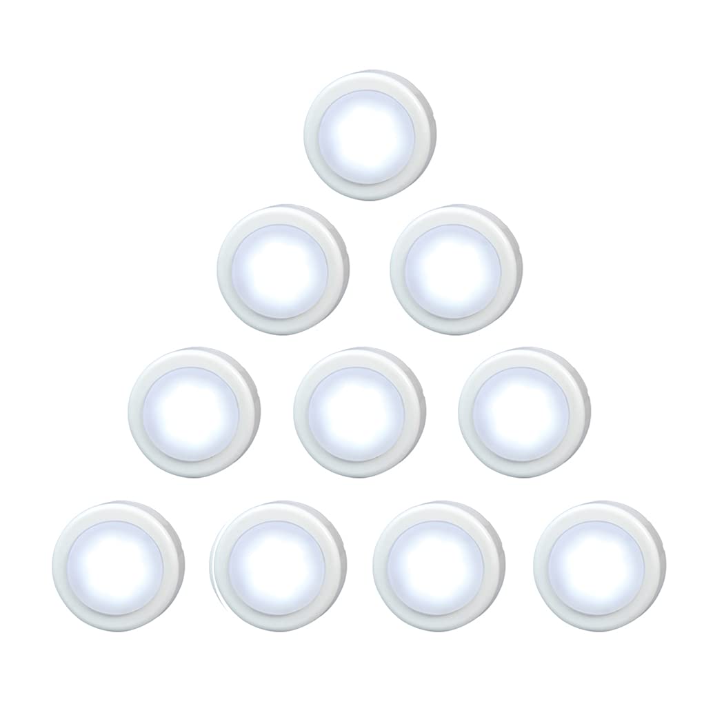 WRalwaysLX LED Cabinet Push Light, 10 Pack, White, Plastic, Battery Operated (3x1.5V AAA Not Included) for Kitchen and Closet Lighting