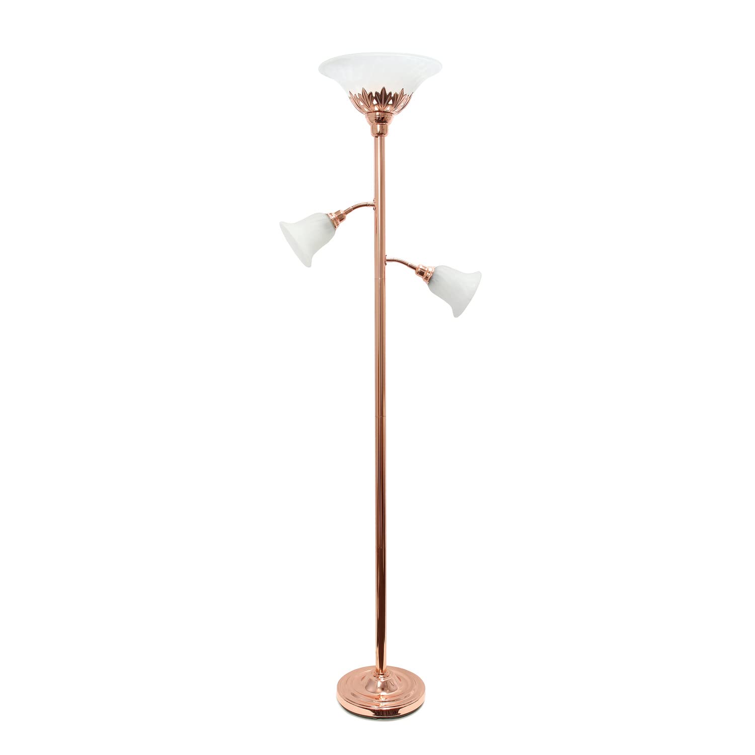 LALIA HOME Torchiere Floor Lamp with 2 Reading Lights, Metal, Rose Gold/White Shades, Model LHF-3002-RG