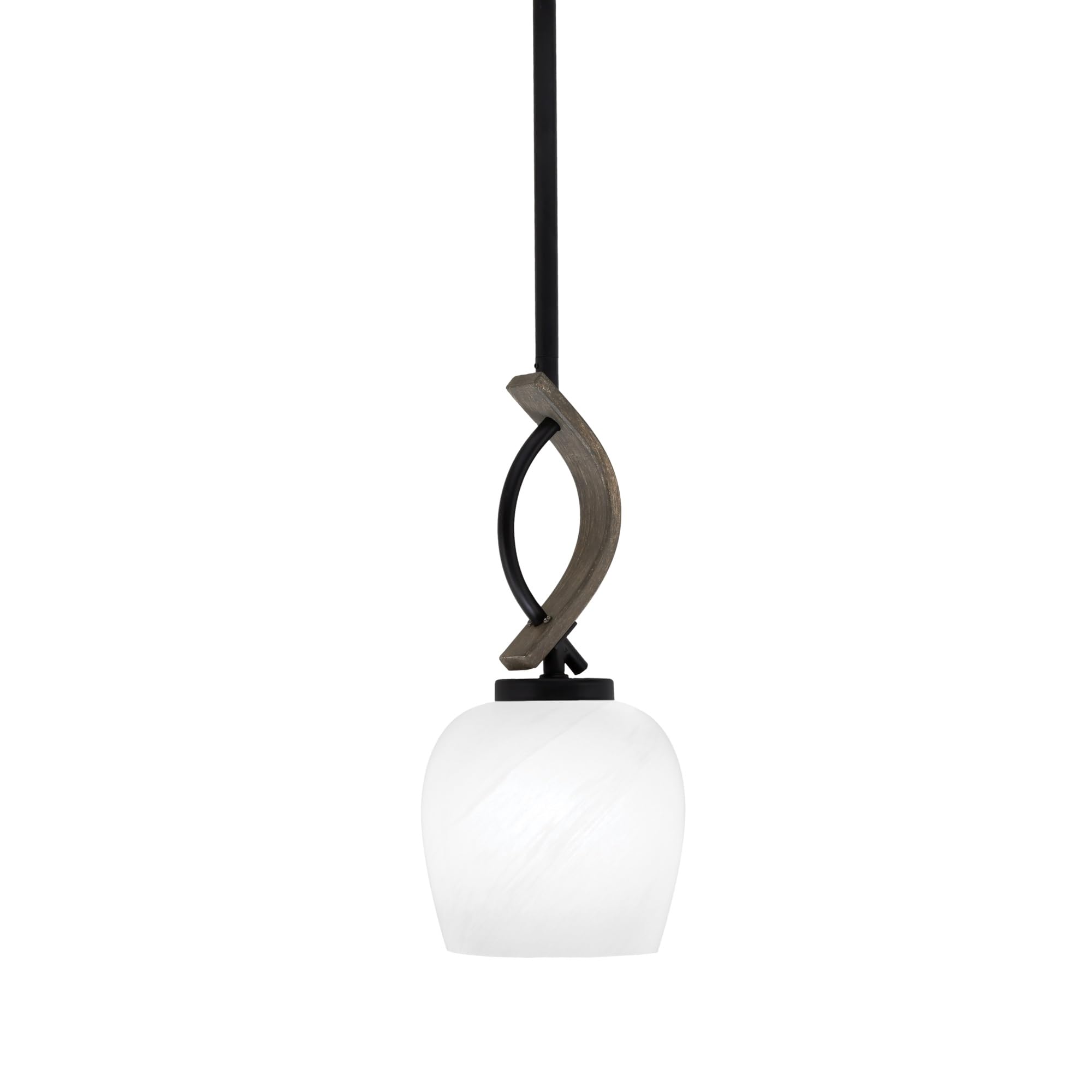 Toltec Lighting Monterey Stem Hung Mini Pendant - Matte Black & Distressed Wood-Look Metal, 6in White Marble Glass