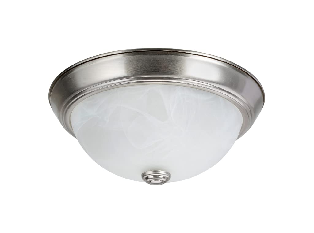 Aspen Creative Two-Light Flush Mount, Brushed Nickel, White Alabaster Glass Shade, 11in Diameter, Model 63013-1A