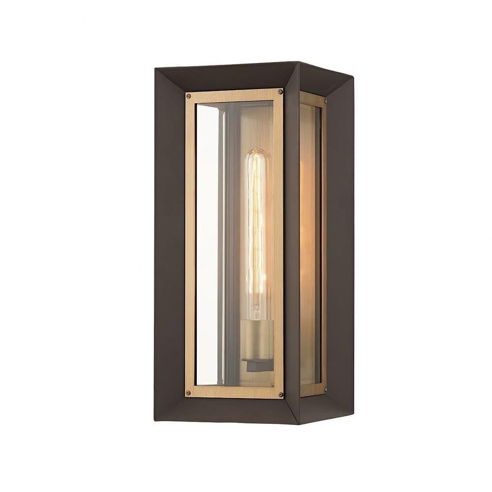 Troy Lighting Lowry 17 Exterior Wall Lantern | Textured Bronze and Patina Brass | Clear Beveled Glass | Outdoor 1-Light Sconce |