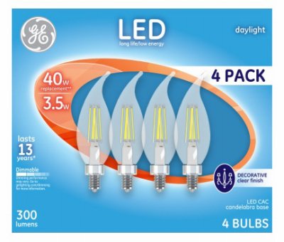 Ge Decorative Led Light Bulbs, Candelabra Base, Daylight, Clear, 300 Lumens, 4-Pack