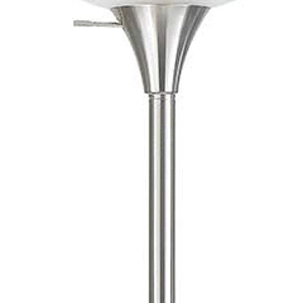 Homeroots Nickel Torchiere Floor Lamp - 70 In. With White Frosted Glass Dome Shade, Metal Construction
