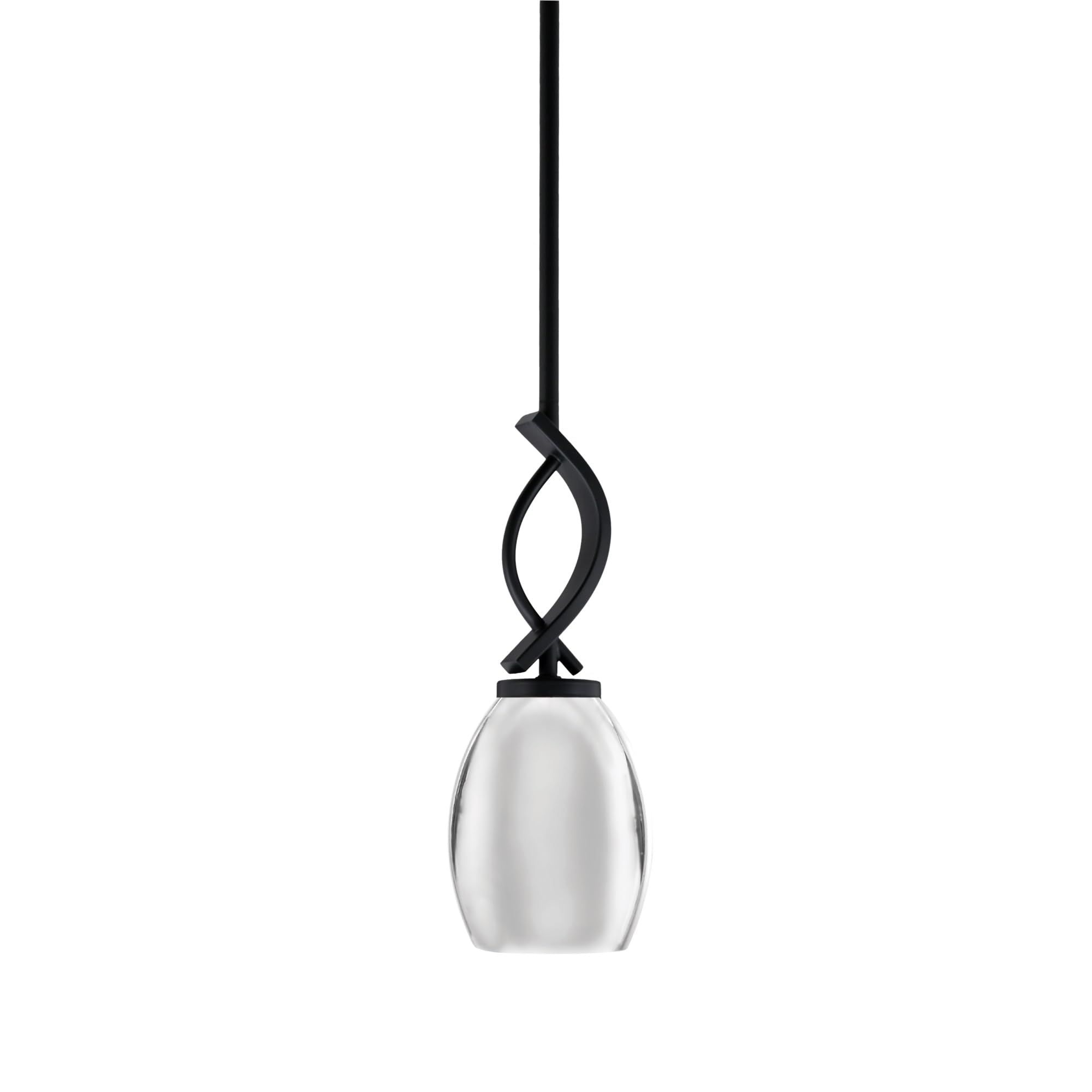 Cavella 1 Light Stem Mini Pendant Shown in Matte Black Finish with 5&quot; Chrome Oval Metal Shade