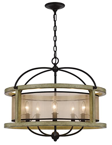 Cal Lighting FX-3781-5 Palencia Rubber Wood Round Chandelier, Distressed Oak, Organza Shade