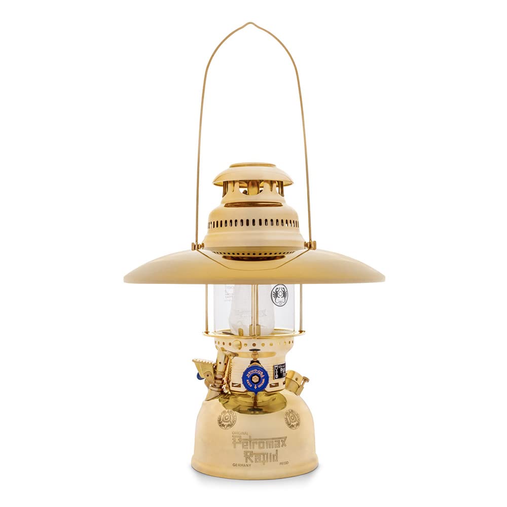 Petromax Hk500 Pressurized Lantern, 500 Candlepower With 1 Quart Kerosene Tank For Home, Camping Or Emergency Lighting, Hand Assembled High Pressure 400 Watt Lamp, Polished Brass