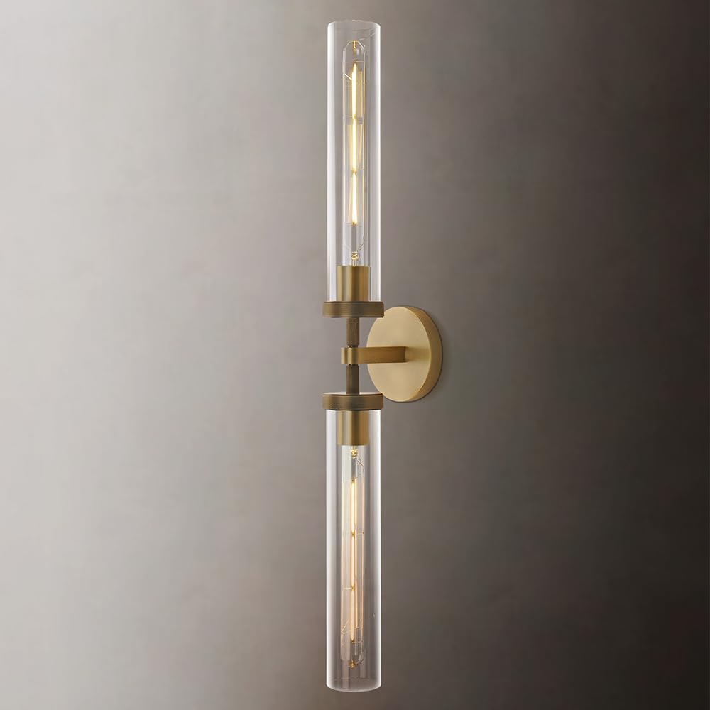 ZHTIECHUI Brass Gold 2-Light Wall Sconces, 30in Double Glass Bathroom Vanity Light, Model Gold-sconces